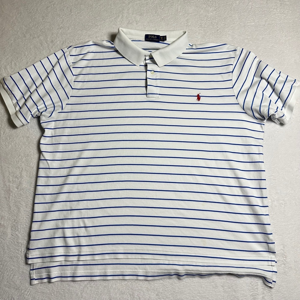 Polo Ralph Lauren 3XB Big & Tall Blue White Striped Cotton Pique Polo Shirt Pony